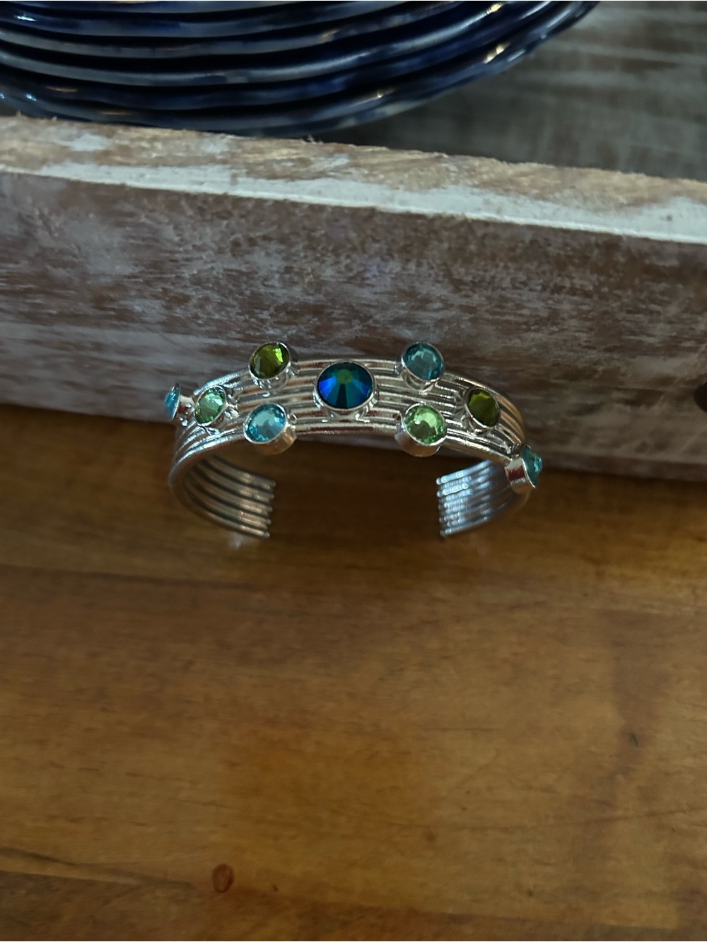 Silver-Tone Cuff Bracelet with Blue & Green Crystals - Women Jewelry